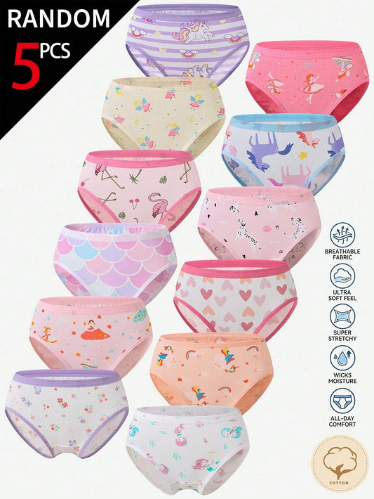 [5 Random Piece]Girls Toddler Multi-Color Heart Bow Cute Rabbit Mermaid Unicorn Fairy Flamingo Simple Cotton Print Combination Triangle Panties
