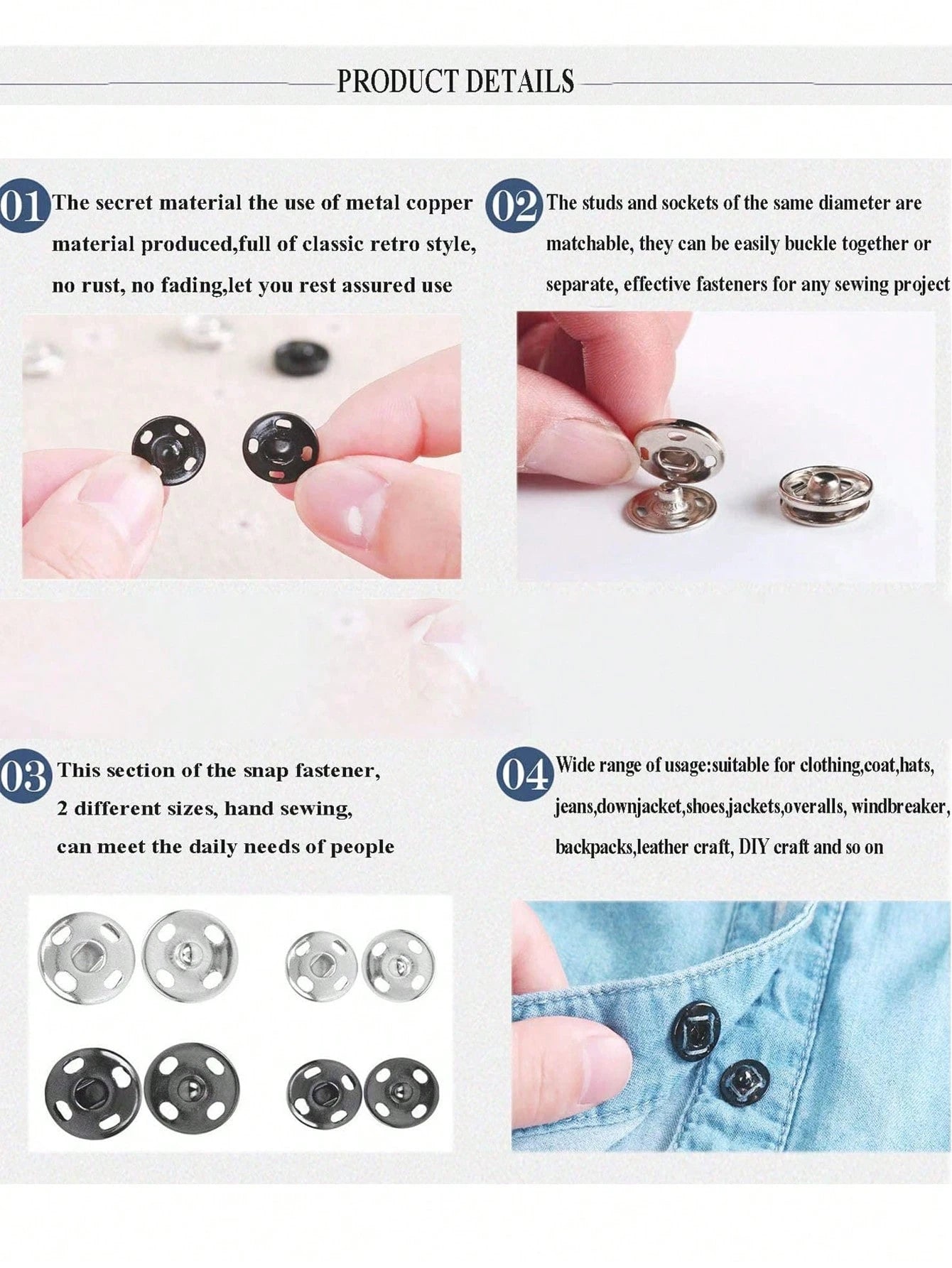 50 Pair 10 Mm Sewing Snaps,Sew-On Snap, Metal Snaps Fasteners Press Studs Buttons,Sewing Clothing Button,For Suit, Jacket, Jeans, Shirt Diy Craft,DIY Making Craft Bag Purse Buckle Accessories Replacem