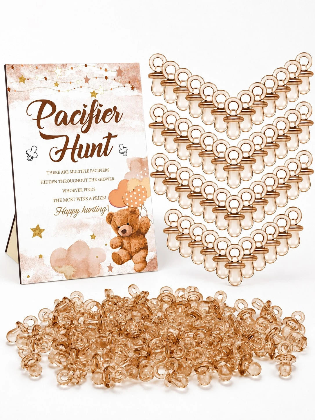 51pcs/1set- Brown Bear Pacifier Scavenger Hunt Baby Shower Game, Bear Theme Baby Shower Game Decoration, Scavenger Hunt Signs And Brown Acrylic Pacifiers, Gift Set Suitable For Gender Reveal, Newborn