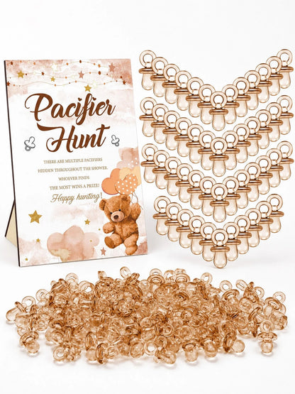 51pcs/1set- Brown Bear Pacifier Scavenger Hunt Baby Shower Game, Bear Theme Baby Shower Game Decoration, Scavenger Hunt Signs And Brown Acrylic Pacifiers, Gift Set Suitable For Gender Reveal, Newborn