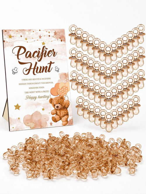 51pcs/1set- Brown Bear Pacifier Scavenger Hunt Baby Shower Game, Bear Theme Baby Shower Game Decoration, Scavenger Hunt Signs And Brown Acrylic Pacifiers, Gift Set Suitable For Gender Reveal, Newborn