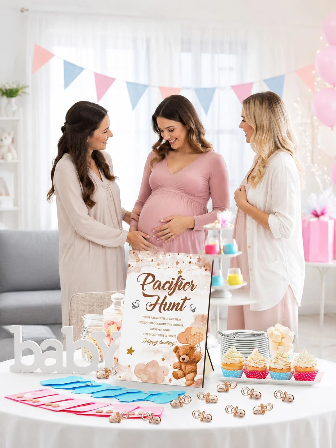 51pcs/1set- Brown Bear Pacifier Scavenger Hunt Baby Shower Game, Bear Theme Baby Shower Game Decoration, Scavenger Hunt Signs And Brown Acrylic Pacifiers, Gift Set Suitable For Gender Reveal, Newborn