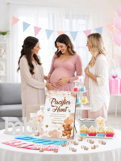 51pcs/1set- Brown Bear Pacifier Scavenger Hunt Baby Shower Game, Bear Theme Baby Shower Game Decoration, Scavenger Hunt Signs And Brown Acrylic Pacifiers, Gift Set Suitable For Gender Reveal, Newborn
