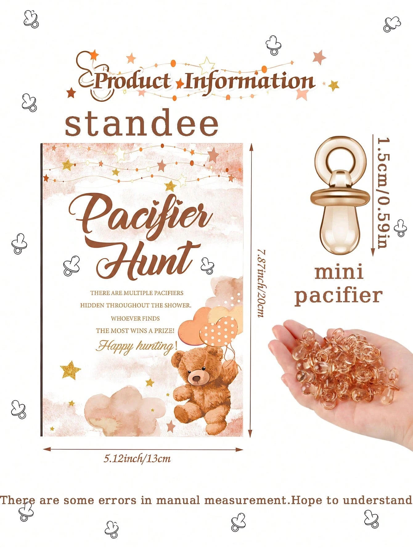 51pcs/1set- Brown Bear Pacifier Scavenger Hunt Baby Shower Game, Bear Theme Baby Shower Game Decoration, Scavenger Hunt Signs And Brown Acrylic Pacifiers, Gift Set Suitable For Gender Reveal, Newborn