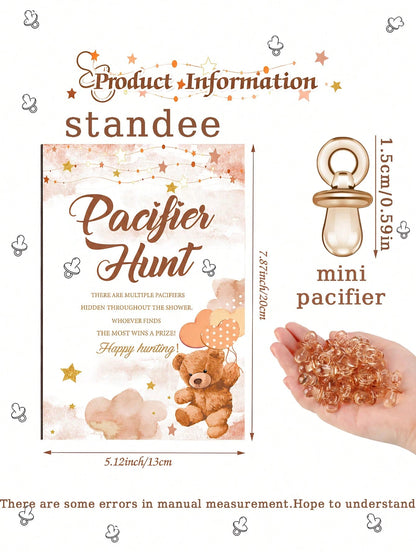 51pcs/1set- Brown Bear Pacifier Scavenger Hunt Baby Shower Game, Bear Theme Baby Shower Game Decoration, Scavenger Hunt Signs And Brown Acrylic Pacifiers, Gift Set Suitable For Gender Reveal, Newborn