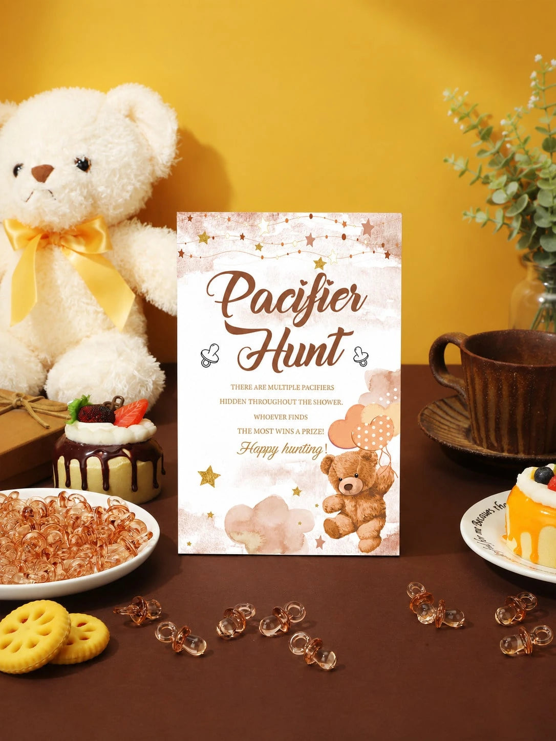 51pcs/1set- Brown Bear Pacifier Scavenger Hunt Baby Shower Game, Bear Theme Baby Shower Game Decoration, Scavenger Hunt Signs And Brown Acrylic Pacifiers, Gift Set Suitable For Gender Reveal, Newborn