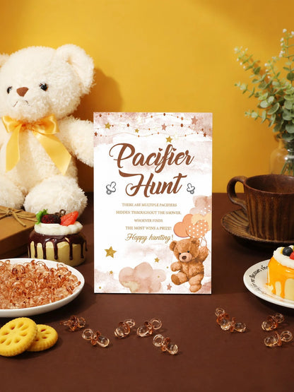 51pcs/1set- Brown Bear Pacifier Scavenger Hunt Baby Shower Game, Bear Theme Baby Shower Game Decoration, Scavenger Hunt Signs And Brown Acrylic Pacifiers, Gift Set Suitable For Gender Reveal, Newborn