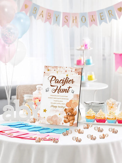 51pcs/1set- Brown Bear Pacifier Scavenger Hunt Baby Shower Game, Bear Theme Baby Shower Game Decoration, Scavenger Hunt Signs And Brown Acrylic Pacifiers, Gift Set Suitable For Gender Reveal, Newborn