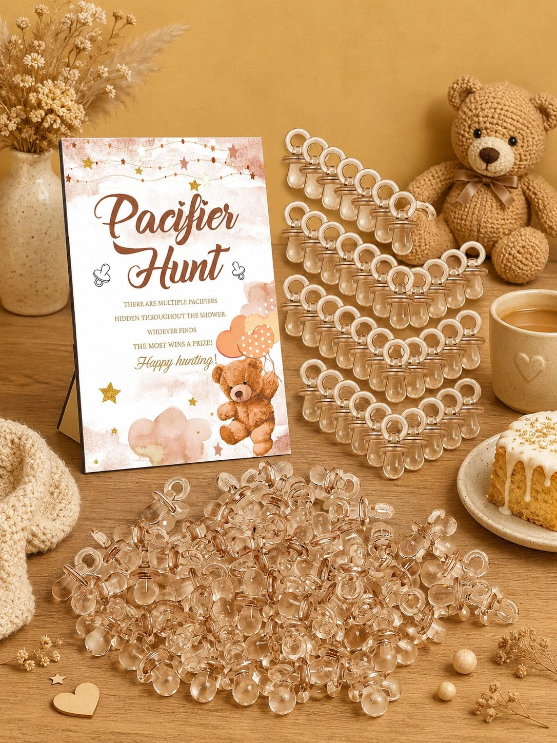 51pcs/1set- Brown Bear Pacifier Scavenger Hunt Baby Shower Game, Bear Theme Baby Shower Game Decoration, Scavenger Hunt Signs And Brown Acrylic Pacifiers, Gift Set Suitable For Gender Reveal, Newborn