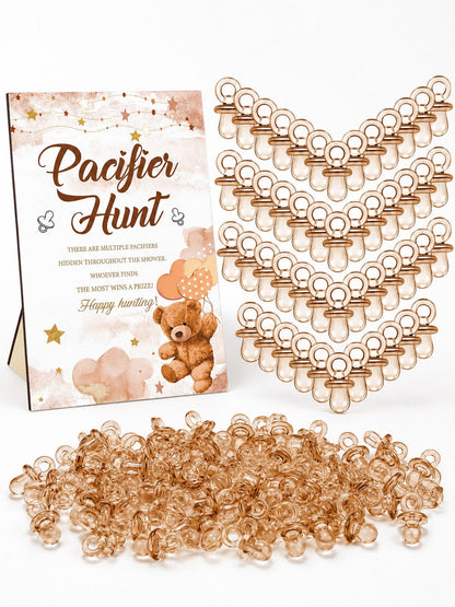51pcs/1set- Brown Bear Pacifier Scavenger Hunt Baby Shower Game, Bear Theme Baby Shower Game Decoration, Scavenger Hunt Signs And Brown Acrylic Pacifiers, Gift Set Suitable For Gender Reveal, Newborn