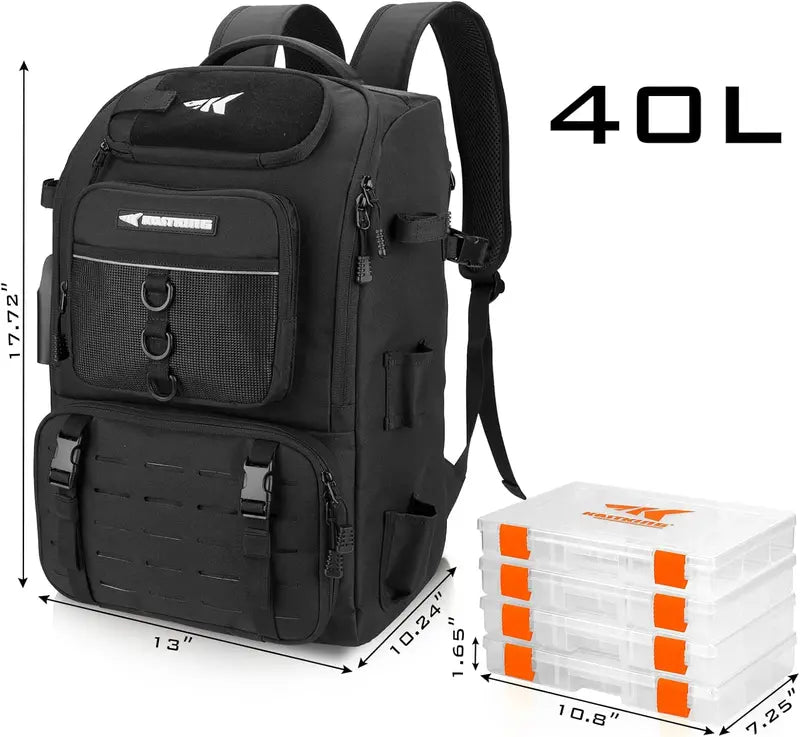 40L Fishing Tackle Backpack with Rod Holders & 4 Tackle Boxes, Waterproof Fishing Gear Storage Bag for Camping, Hunting & Outdoor Activities