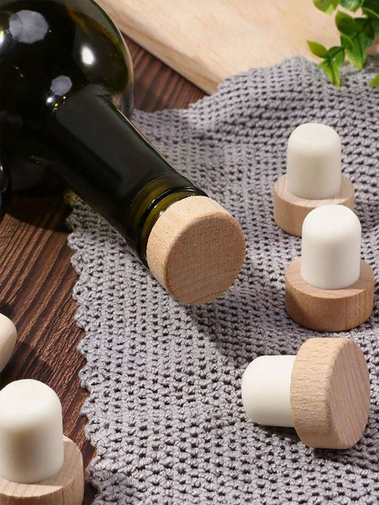 5pcs/10pcs Beech Wood T-Shape Cork Bottle Stoppers, Airtight Seal Caps, For Kitchen, Bar Tools & Beverage Preservation, Bottle Decoration, Home Decoration, Christmas Gift, Cup Accessories, Gifts For F