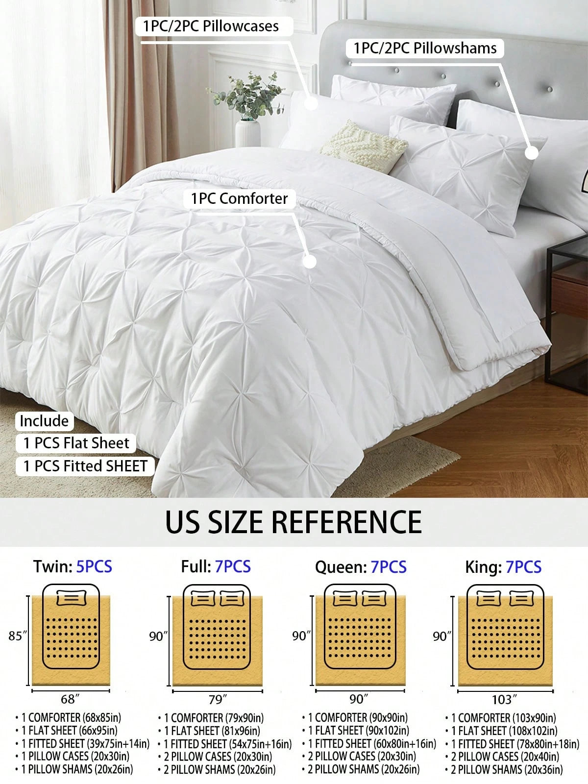 5Pcs/7-Pcs Queen Pinched Pleat Bed Comforter Sets Queen- Luxurious, Soft, Breathable, And Cooling Summer Bedding For All Seasons With Sheets, Pinched Pleat Design, And Bed-In-A-Bag- Easy Care, Mac