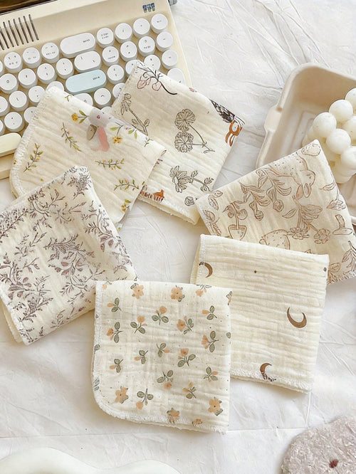 5pcs Baby Muslin Washcloth, Soft Newborn Face Towel, Reusable Cute Printed Multi-Purpose Small Handkerchief