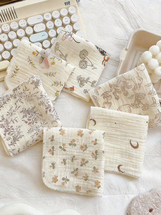 5pcs Baby Muslin Washcloth, Soft Newborn Face Towel, Reusable Cute Printed Multi-Purpose Small Handkerchief