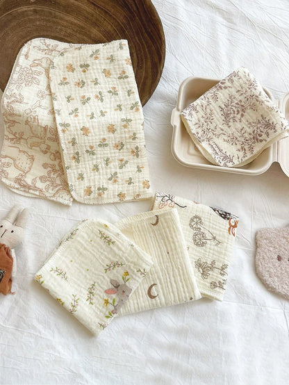 5pcs Baby Muslin Washcloth, Soft Newborn Face Towel, Reusable Cute Printed Multi-Purpose Small Handkerchief