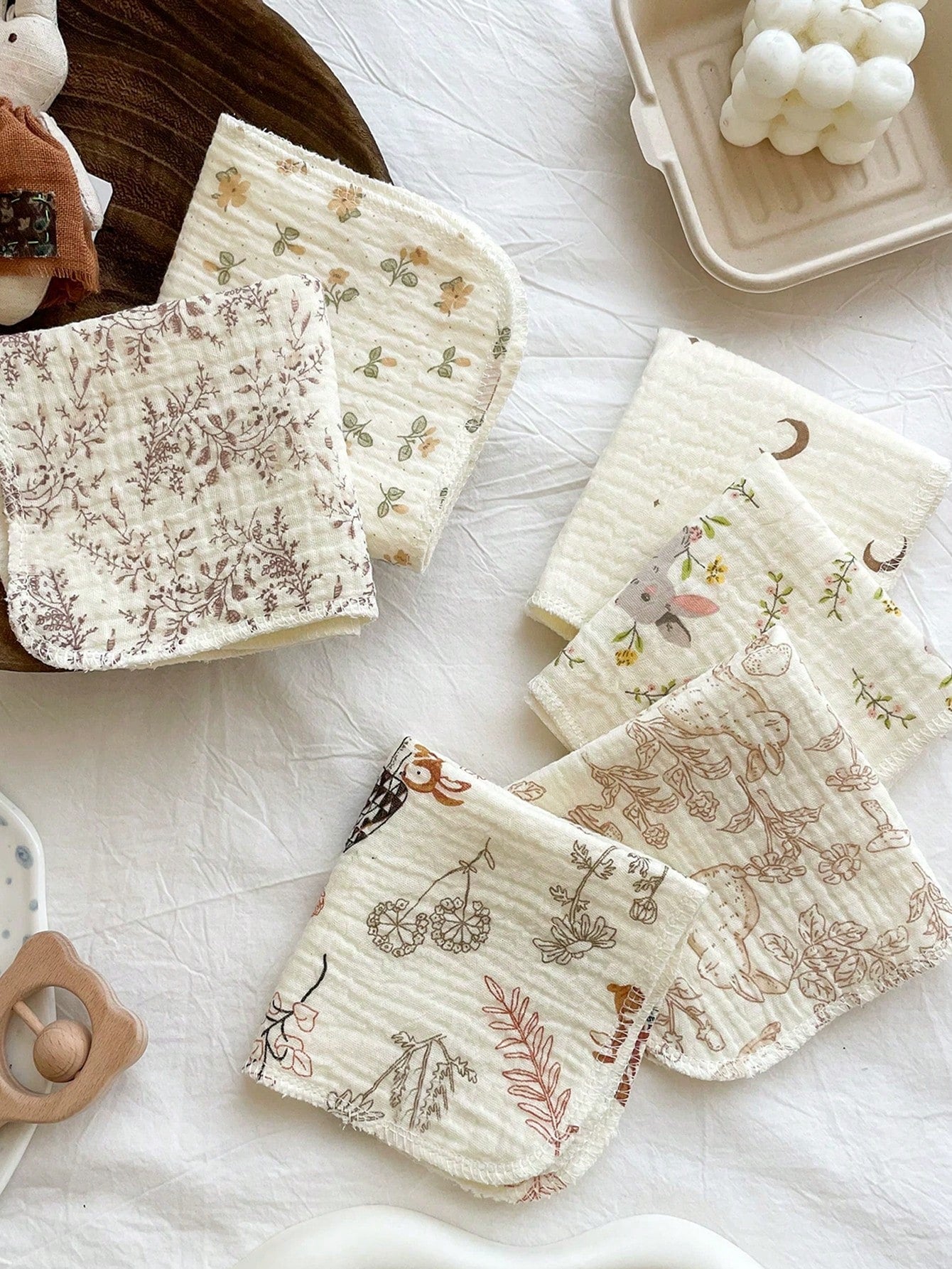 5pcs Baby Muslin Washcloth, Soft Newborn Face Towel, Reusable Cute Printed Multi-Purpose Small Handkerchief