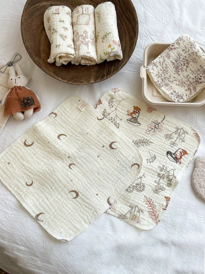 5pcs Baby Muslin Washcloth, Soft Newborn Face Towel, Reusable Cute Printed Multi-Purpose Small Handkerchief