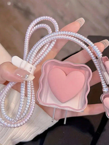 5pcs Pink Heart-Shaped Protective Sleeve Coiled Cord Compatible With IPhone 18W/20W Fast Charger, Soft Case Protector Compatible With IPhone 16/15/14/13 Charger, Ideal Gift