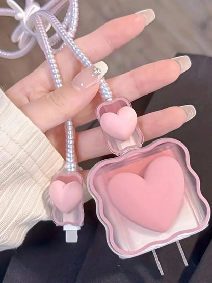 5pcs Pink Heart-Shaped Protective Sleeve Coiled Cord Compatible With IPhone 18W/20W Fast Charger, Soft Case Protector Compatible With IPhone 16/15/14/13 Charger, Ideal Gift