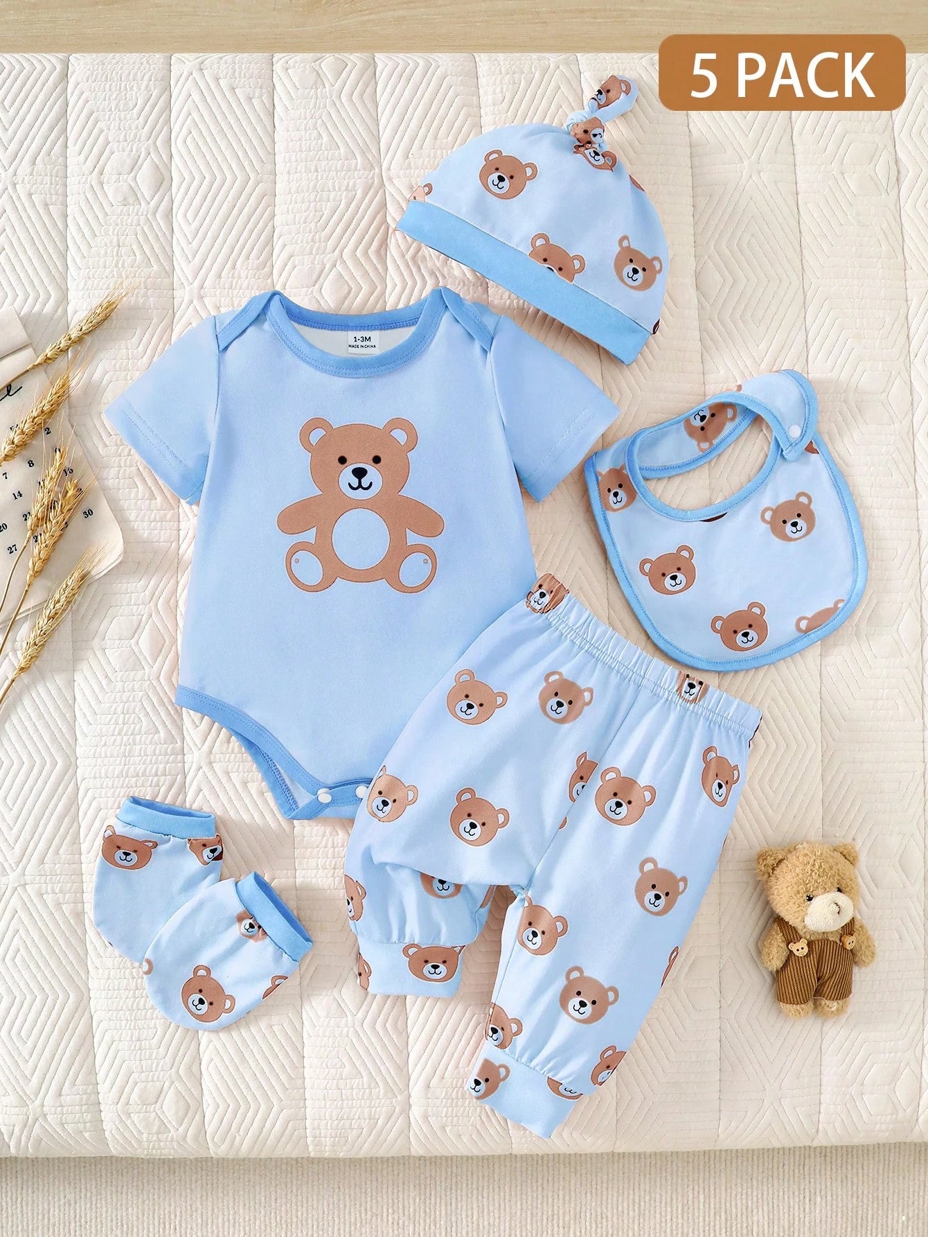 5pcs/Set Newly Born Baby Boys And Girls Envelope Collar Round Neck Short Sleeve Elephant Print Romper + Elastic Waist Full Print Pants + Hat Gloves Bib Casual Comfortable Soft Outfit, Suitable F
