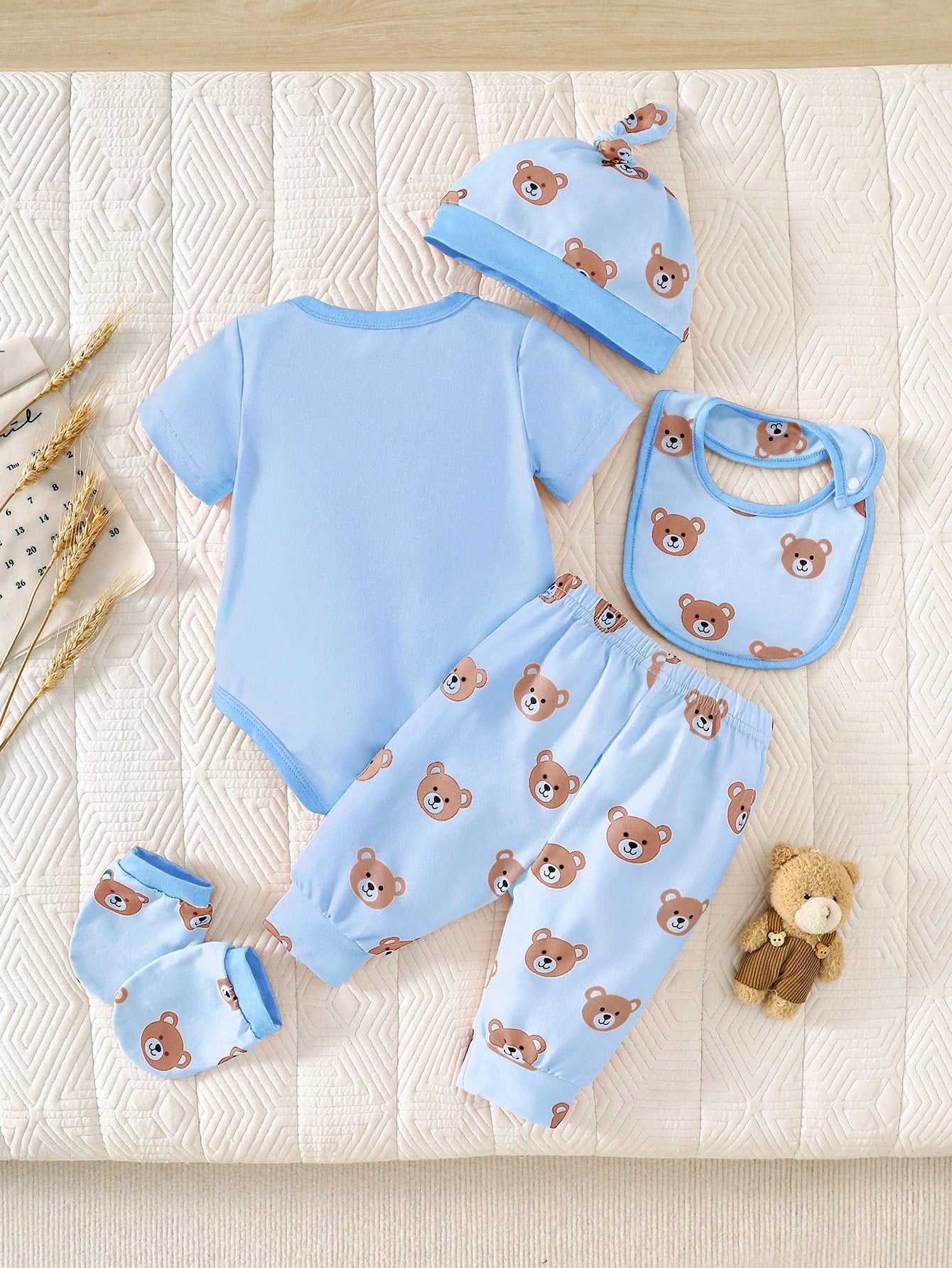 5pcs/Set Newly Born Baby Boys And Girls Envelope Collar Round Neck Short Sleeve Elephant Print Romper + Elastic Waist Full Print Pants + Hat Gloves Bib Casual Comfortable Soft Outfit, Suitable F