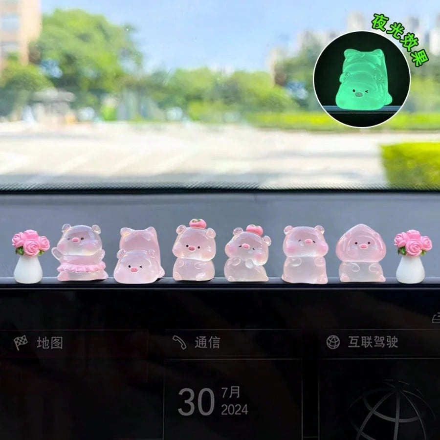 6/7/8pcs Mini Glowing Pig Shaped Car Dashboard Decor, Mini Resin Pig, Suitable For Cute Car Interior Accessories, Rearview Mirror Decor Or Fun Gift For Girls