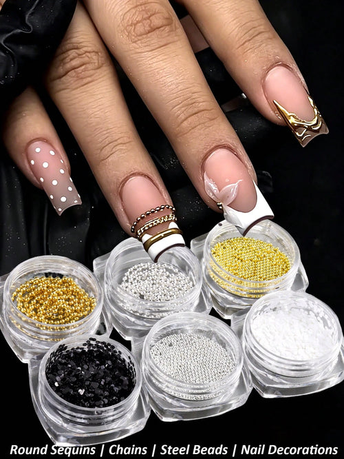 6-Bottles 3D Mixed Metal Nail Charms, Gold Silver Micro Steel Beads Chain Black White Round Sequins, Retro Luxury French Nude Nail Jewelry Supplies, DIY Nail Art Decoration, Nail Gems, Nail Supplies N