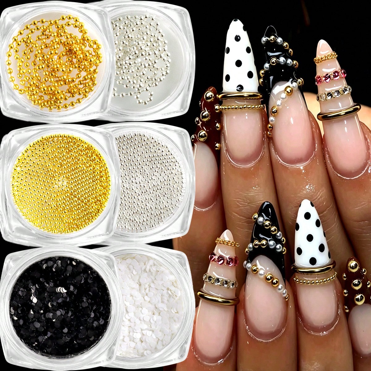 6-Bottles 3D Mixed Metal Nail Charms, Gold Silver Micro Steel Beads Chain Black White Round Sequins, Retro Luxury French Nude Nail Jewelry Supplies, DIY Nail Art Decoration, Nail Gems, Nail Supplies N