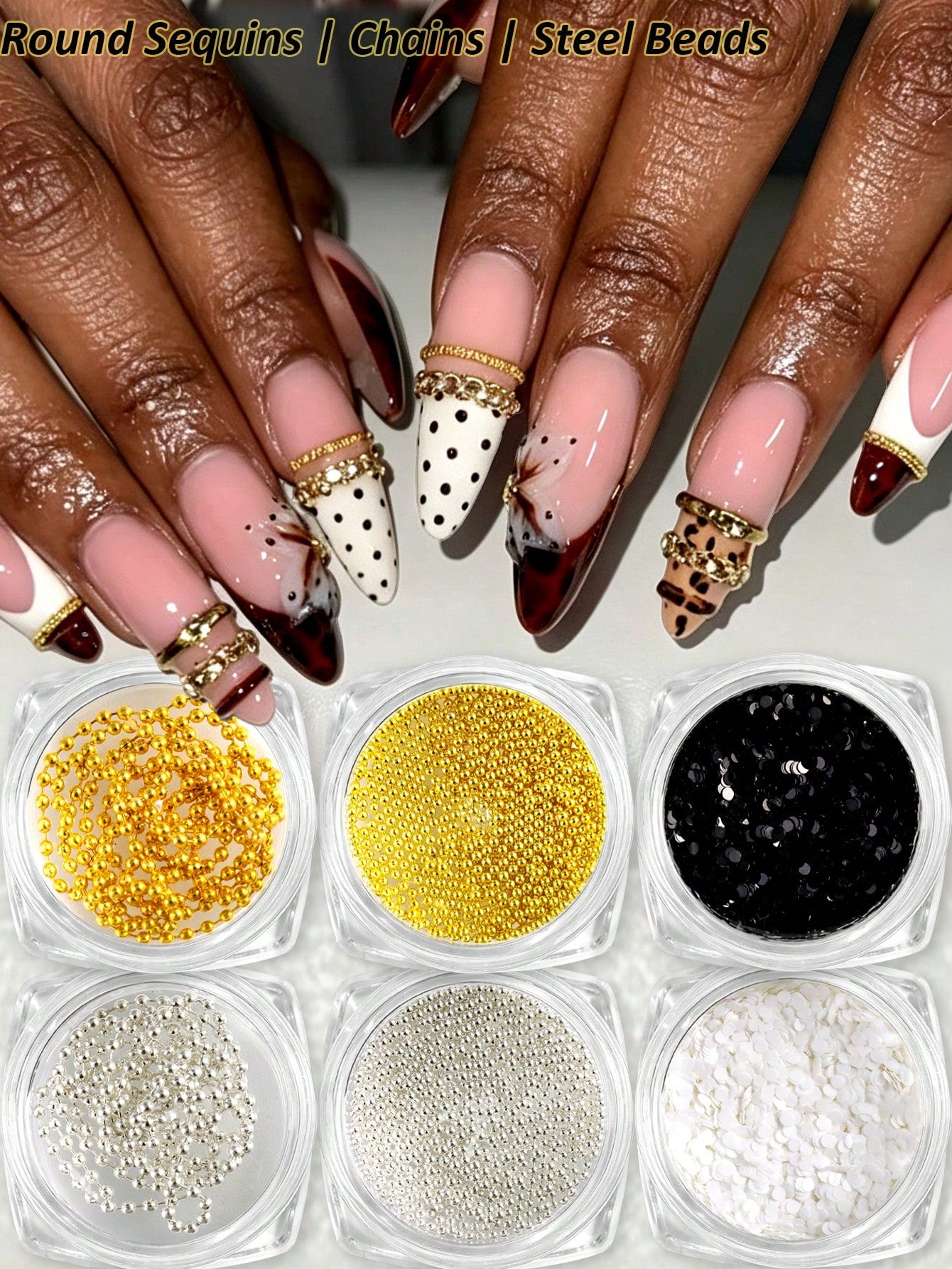 6-Bottles 3D Mixed Metal Nail Charms, Gold Silver Micro Steel Beads Chain Black White Round Sequins, Retro Luxury French Nude Nail Jewelry Supplies, DIY Nail Art Decoration, Nail Gems, Nail Supplies N