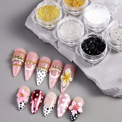6-Bottles 3D Mixed Metal Nail Charms, Gold Silver Micro Steel Beads Chain Black White Round Sequins, Retro Luxury French Nude Nail Jewelry Supplies, DIY Nail Art Decoration, Nail Gems, Nail Supplies N