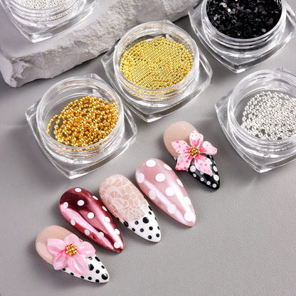 6-Bottles 3D Mixed Metal Nail Charms, Gold Silver Micro Steel Beads Chain Black White Round Sequins, Retro Luxury French Nude Nail Jewelry Supplies, DIY Nail Art Decoration, Nail Gems, Nail Supplies N