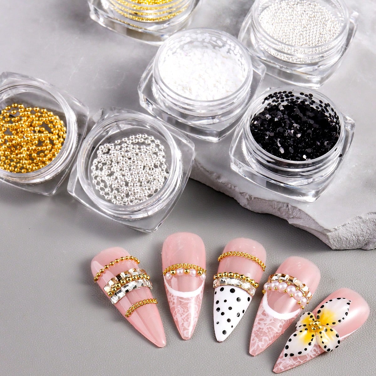 6-Bottles 3D Mixed Metal Nail Charms, Gold Silver Micro Steel Beads Chain Black White Round Sequins, Retro Luxury French Nude Nail Jewelry Supplies, DIY Nail Art Decoration, Nail Gems, Nail Supplies N