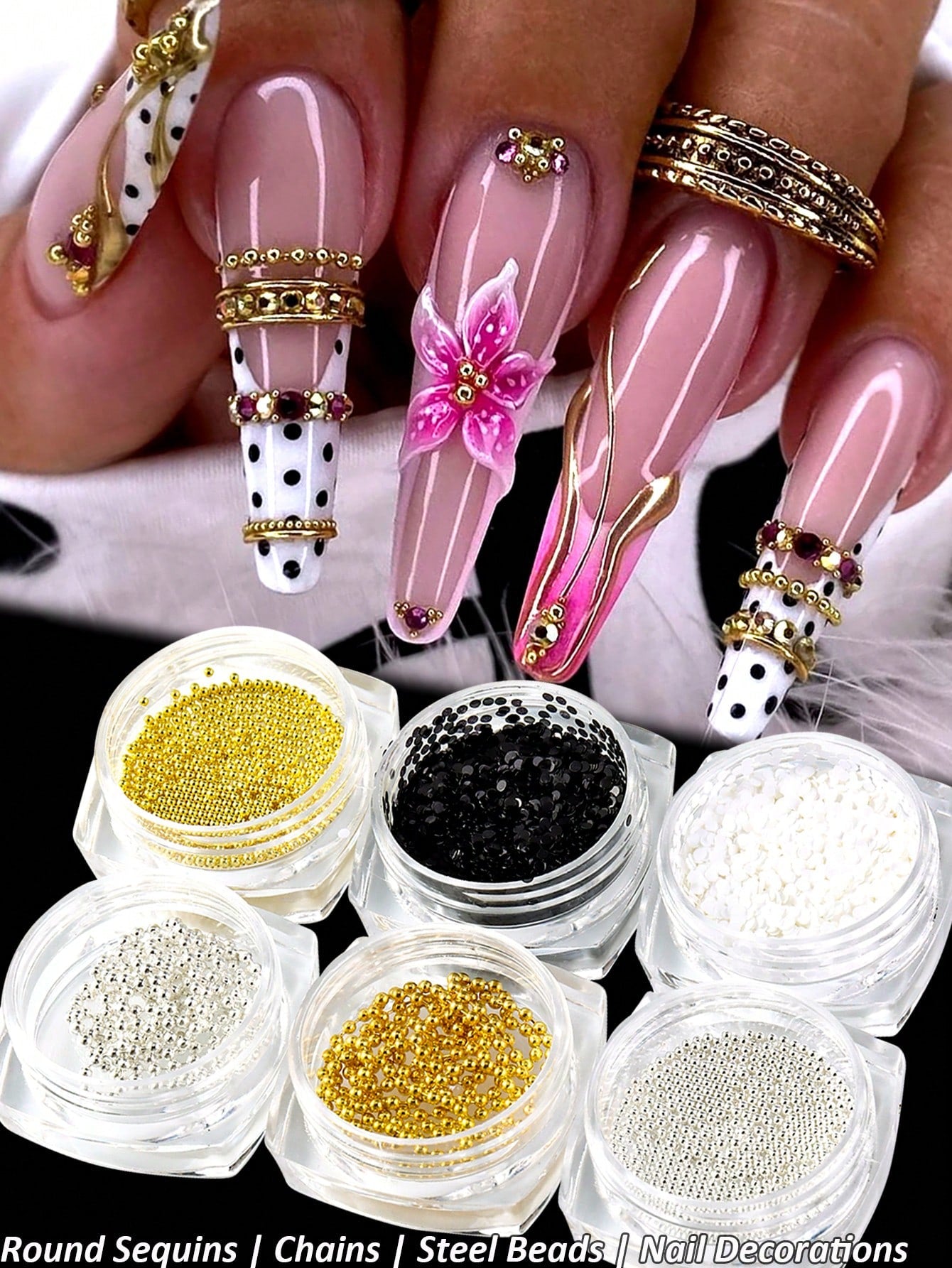 6-Bottles 3D Mixed Metal Nail Charms, Gold Silver Micro Steel Beads Chain Black White Round Sequins, Retro Luxury French Nude Nail Jewelry Supplies, DIY Nail Art Decoration, Nail Gems, Nail Supplies N
