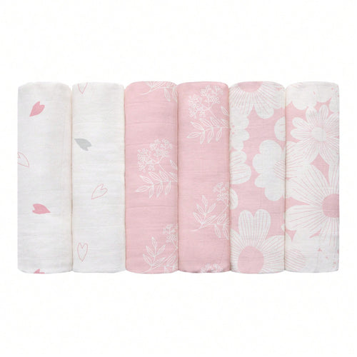6-Pack Blooming Rose Garden Soft Organic Cotton Muslin Blankets, Swaddle Wraps For Newborn Girls & Boys, 28x28 Inches