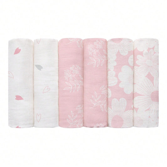 6-Pack Blooming Rose Garden Soft Organic Cotton Muslin Blankets, Swaddle Wraps For Newborn Girls & Boys, 28x28 Inches