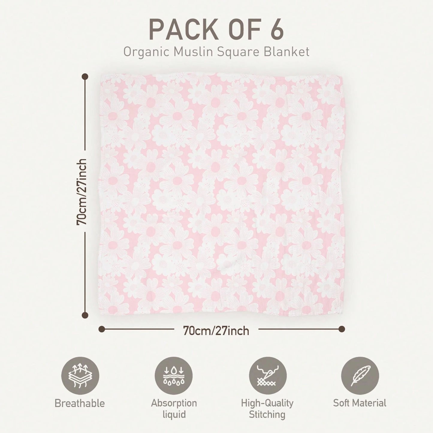6-Pack Blooming Rose Garden Soft Organic Cotton Muslin Blankets, Swaddle Wraps For Newborn Girls & Boys, 28x28 Inches