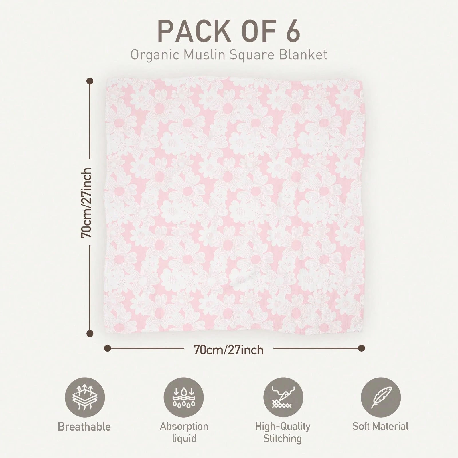 6-Pack Blooming Rose Garden Soft Organic Cotton Muslin Blankets, Swaddle Wraps For Newborn Girls & Boys, 28x28 Inches