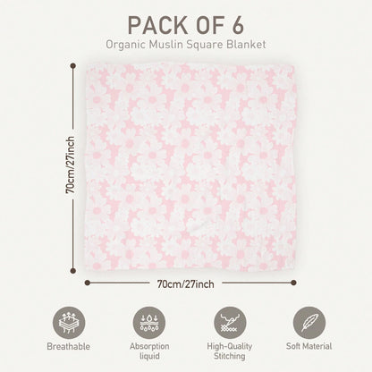 6-Pack Blooming Rose Garden Soft Organic Cotton Muslin Blankets, Swaddle Wraps For Newborn Girls & Boys, 28x28 Inches