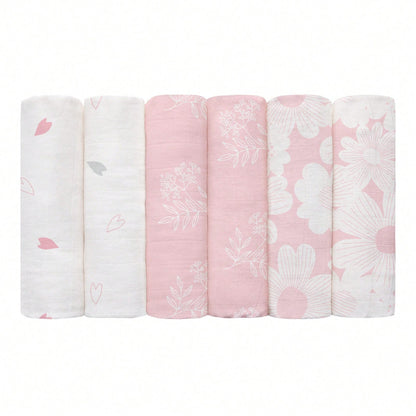 6-Pack Blooming Rose Garden Soft Organic Cotton Muslin Blankets, Swaddle Wraps For Newborn Girls & Boys, 28x28 Inches