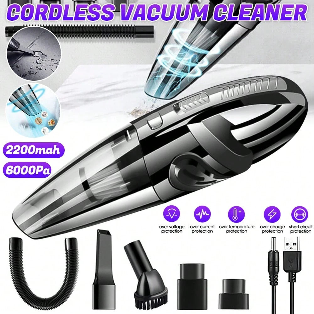 6000Pa Powerful Suction Wet Dry Cordless Handheld Vacuum, Lightweight 2000mAh USB Rechargeable Portable Cleaner With Attachments For Car Home Office Crevice Cleaning