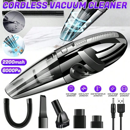 6000Pa Powerful Suction Wet Dry Cordless Handheld Vacuum, Lightweight 2000mAh USB Rechargeable Portable Cleaner With Attachments For Car Home Office Crevice Cleaning