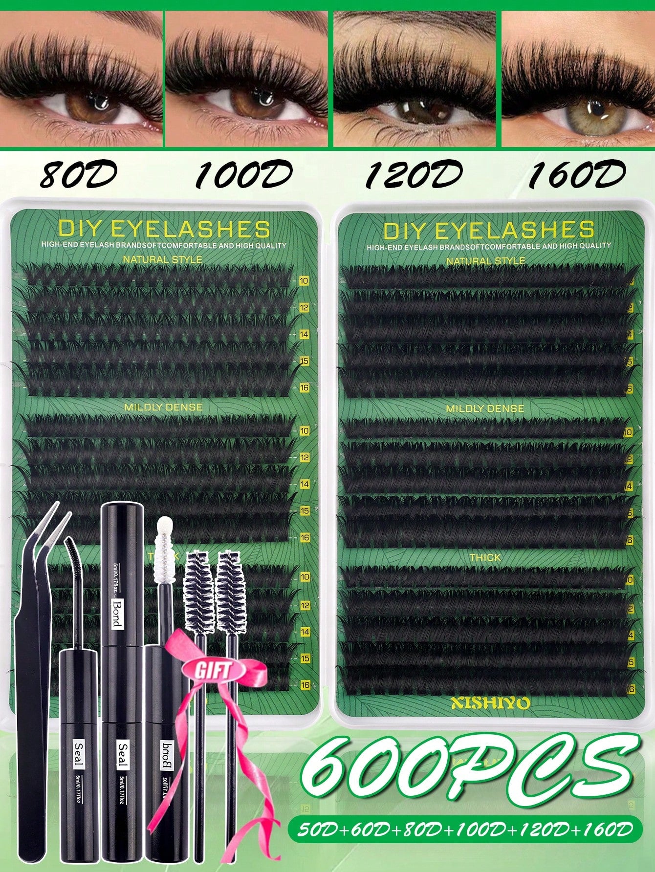 600pcs Eyelash Extension Kit, D Curl 8-16mm High Capacity 30D 40D 50D 60D 80D 100D Individual Lashes Set With Eyelash Glue, Sealer, Tweezer, Natural Look & Super Thick & Fluffy & Ultra Soft & Lightwei