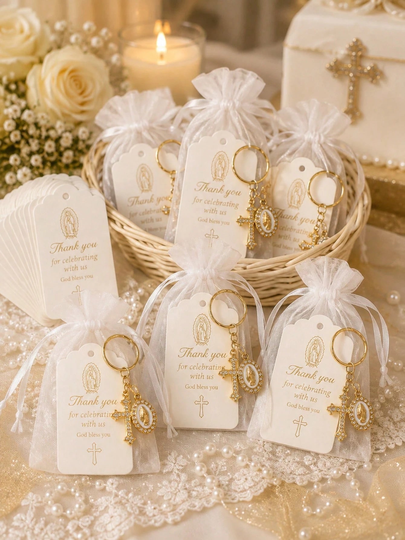 60pcs/20sets Cross Keychain With Organza Gift Bag And Tag, Suitable For Baptism, Baby Shower, Birthday Party Gifts, Religious Commemoration, Christian First Communion