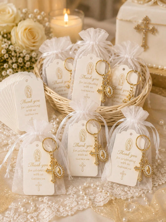 60pcs/20sets Cross Keychain With Organza Gift Bag And Tag, Suitable For Baptism, Baby Shower, Birthday Party Gifts, Religious Commemoration, Christian First Communion