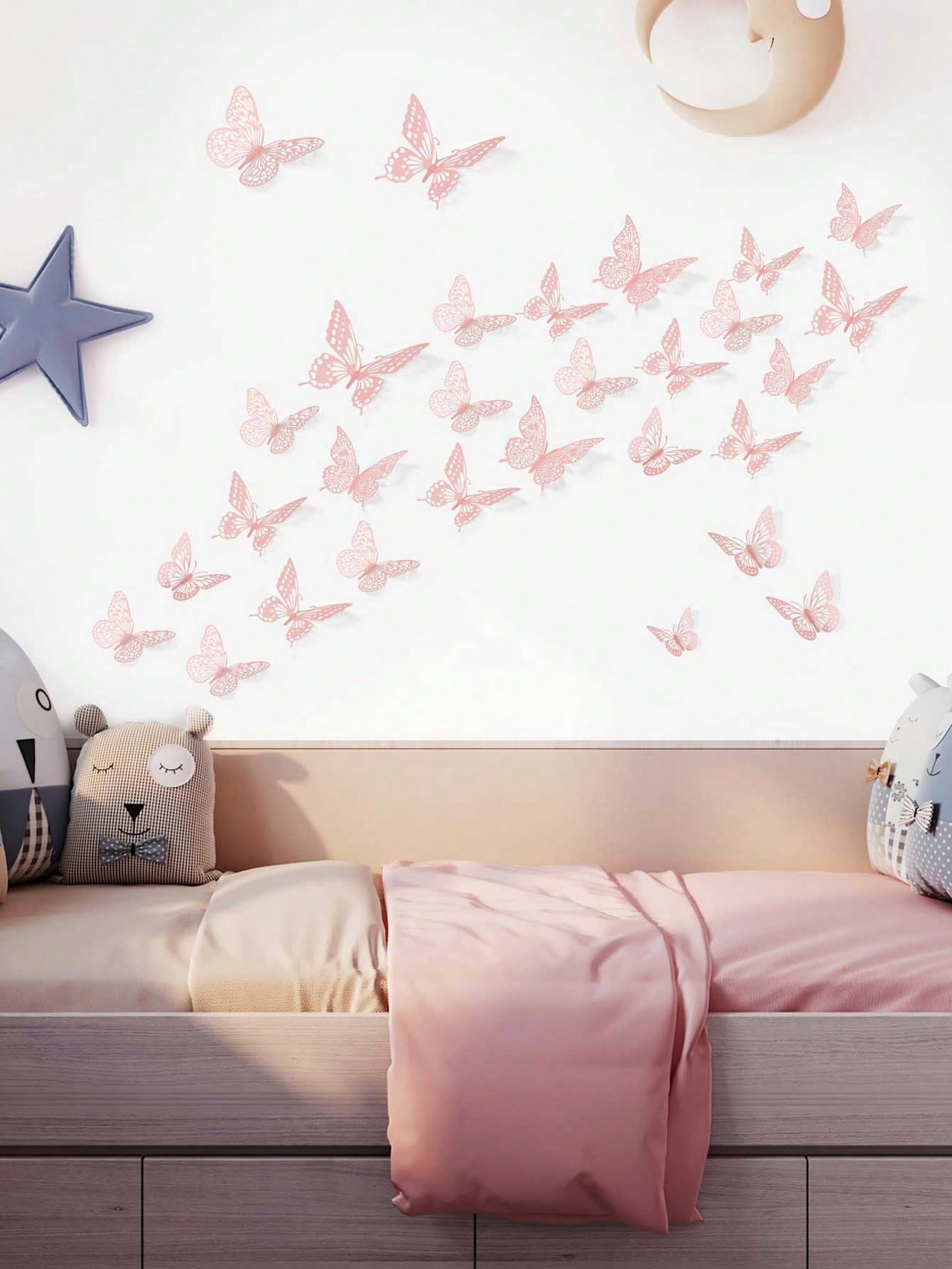 60pcs 3D Butterfly Wall Stickers, 4 Styles 3 Sizes, Butterfly Birthday Decor, Butterfly Party Decor, Cake Decor, Nursery Decor, Removable Stickers (Pink)