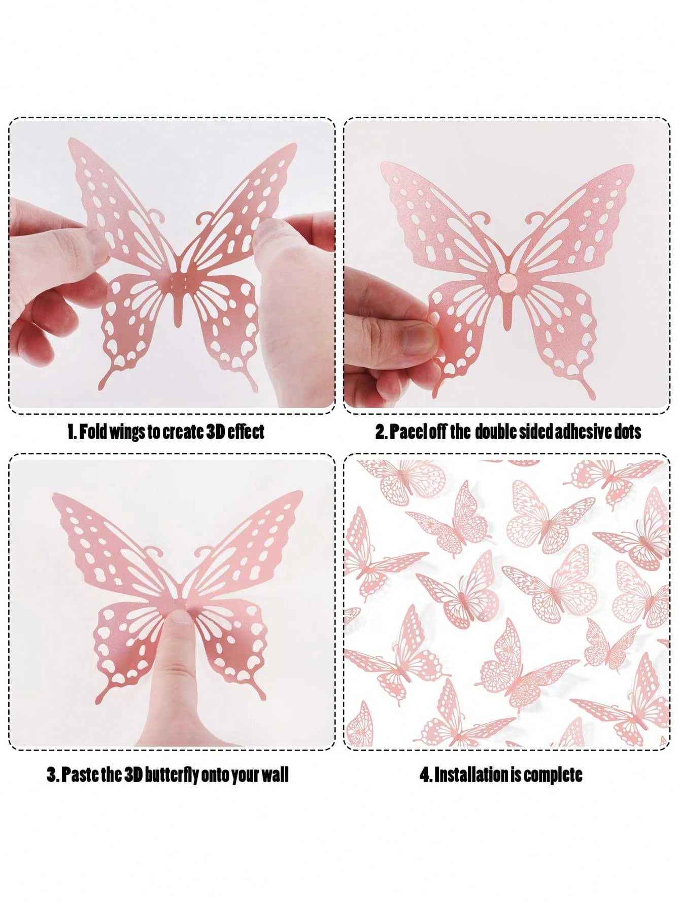 60pcs 3D Butterfly Wall Stickers, 4 Styles 3 Sizes, Butterfly Birthday Decor, Butterfly Party Decor, Cake Decor, Nursery Decor, Removable Stickers (Pink)