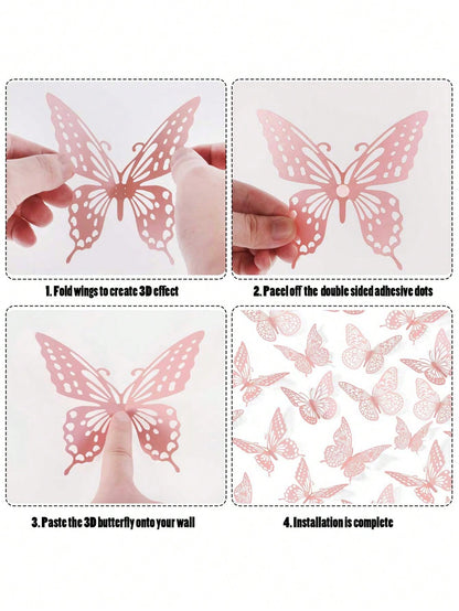 60pcs 3D Butterfly Wall Stickers, 4 Styles 3 Sizes, Butterfly Birthday Decor, Butterfly Party Decor, Cake Decor, Nursery Decor, Removable Stickers (Pink)