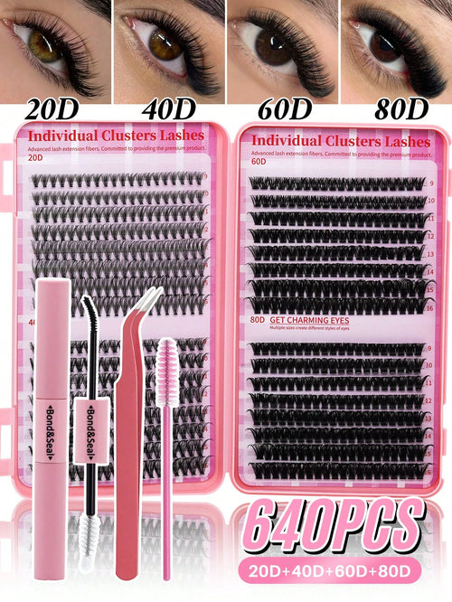 640pcs Mixed DIY Eyelash Extension Kit, High Capacity Individual Lashes, 9-16mm Mixed D-Curl Effect, Natural Lightweight, Soft & Comfortable, Long-Lasting. Kit Includes Lash Glue, Tweezers And Lash Br