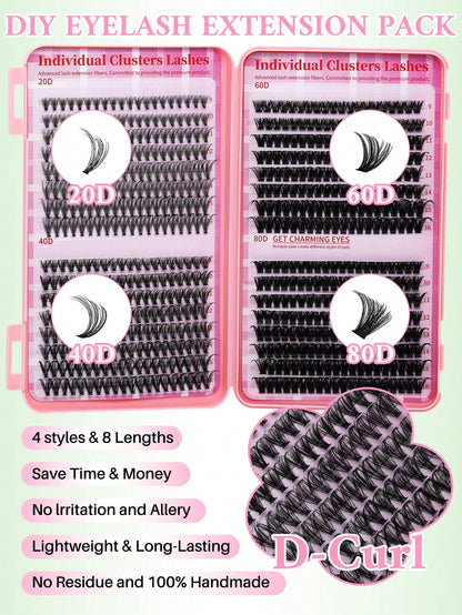 640pcs Mixed DIY Eyelash Extension Kit, High Capacity Individual Lashes, 9-16mm Mixed D-Curl Effect, Natural Lightweight, Soft & Comfortable, Long-Lasting. Kit Includes Lash Glue, Tweezers And Lash Br